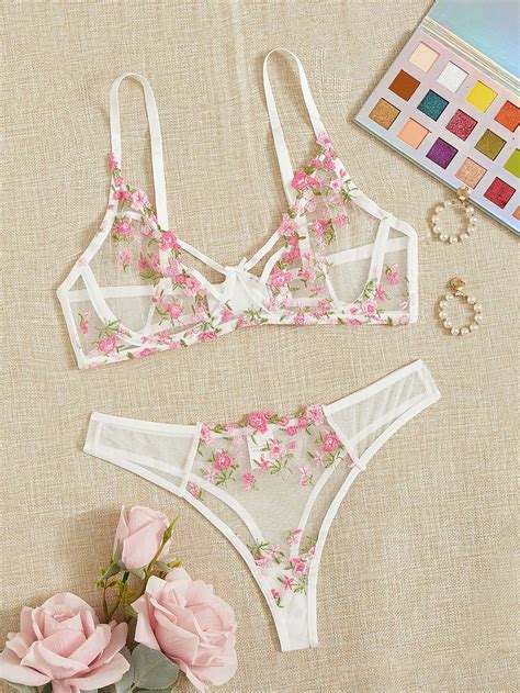 See Through Thong Floral Embroidery Underwear Transparent Bra Set