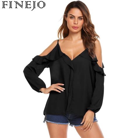 Finejo Women Casual Long Sleeve Spaghetti Straps Ruffles Cold Shoulder Solid Chiffon Shirt 2018