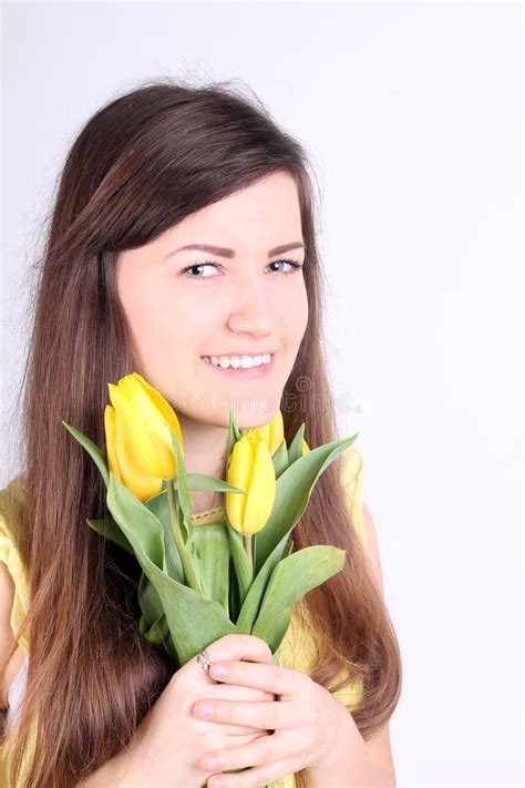 romantic girl with yellow tulips stock image image of glamour bouquet 29490419