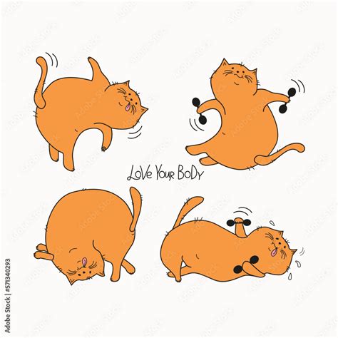 Cartoon Cats Set Lettering Body Positive Fat Happy Cats Doing