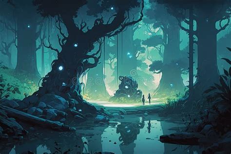 Beautiful Fantasy Magical Forest Scenery In Anime Art Style Stock Illustration Illustration Of