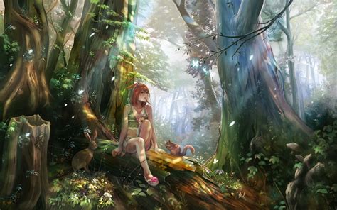 Anime Girls Forest Nature Fantasy Art Forest Clearing Elves Redhead Original Characters