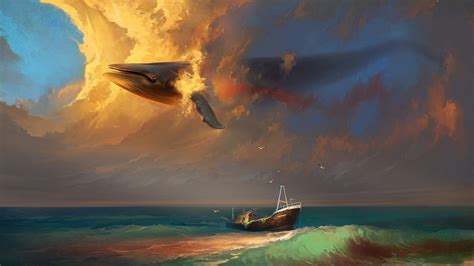 壁纸 1920x1080像素 动物 艺术的 海滩 小船 Cg 云彩 数字 梦想 情感 幻想 心情 海洋 绘画