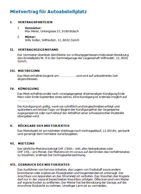 Die vorlage deckt mietvertrag, änderungen ferner auch mieten am besitz einer immobilie ab. Mietvertrag für Autoabstellplatz: Muster zum Download.