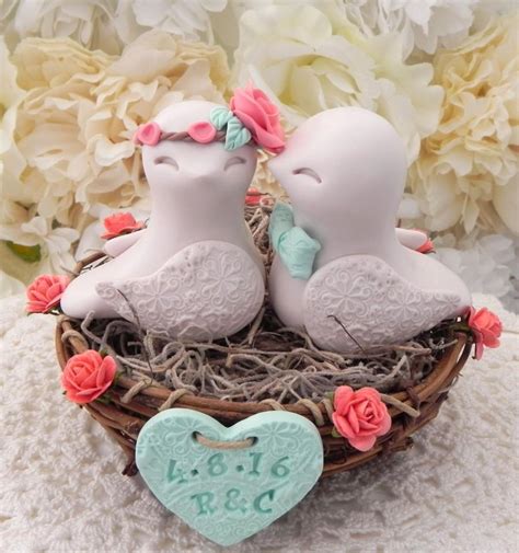 Rustic Love Bird Wedding Cake Topper Coral Beige And Mint Green Love