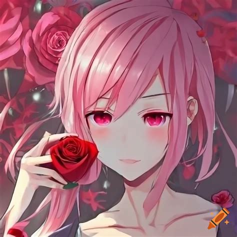 Anime Girl With Pink Hair And Red Roses