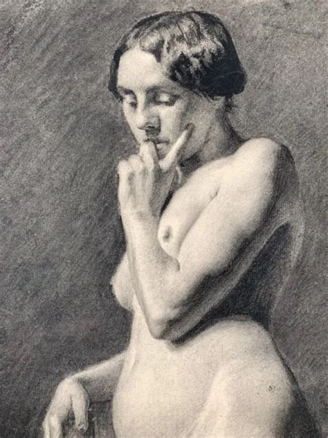 19TH CENTURY PREGNANT Academic Female Nude Charcoal Drawing E Veyssier