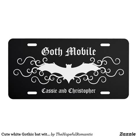 Cute White Gothic Bat With Swirls On Black License Plate