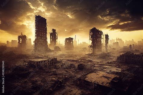 A Post Apocalyptic Ruined City Destroyed Buildings Destroyed Roads
