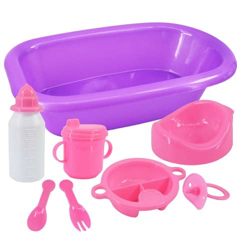 The bath tub, soft terry robe and headband, diaper, shampoo, soap, baby wash towel and adorable rubber dolphin will delight your child. NEW Baby Doll Bath Feeding Set Milk Bottle Potty Dummy ...