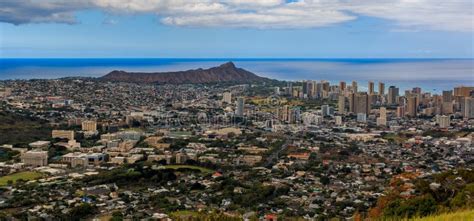 Panorama Of Honolulu Downtown And Diamond Head Volcano In Hawaii Stock