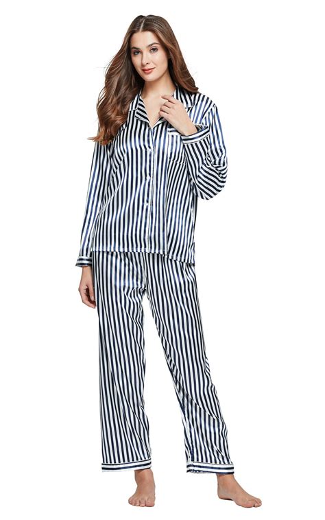 women s silk satin pajama set long sleeve navy and white striped tony and candice