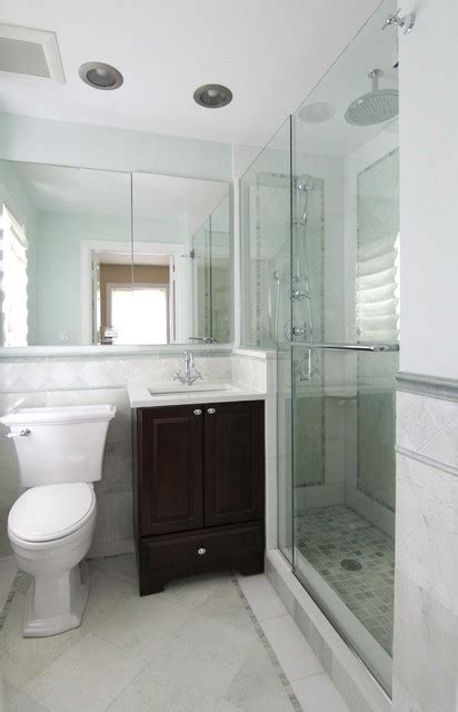 In this 5×8 bathroom remodel ideas, the floating shelves are used to neatly arrange the toiletries instead of a cubby cabinet. Evanston small master - Traditional - Bathroom - Chicago ...