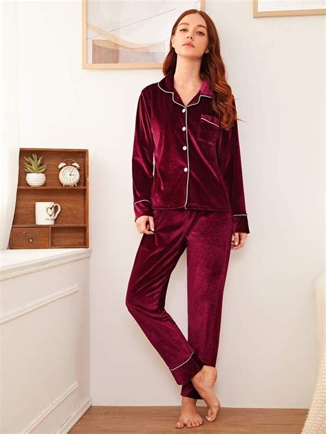 Romwe Button Front Velvet Pajama Set Pajama Set Cami Pajama Sets