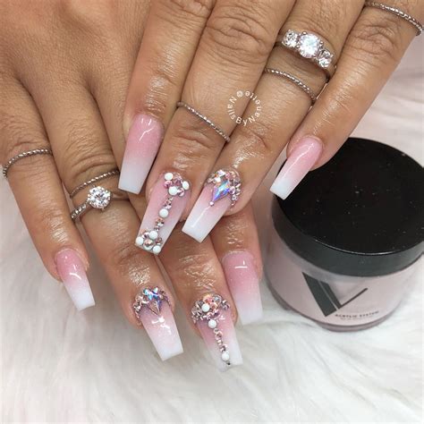 Medium Coffin Nails Glitter Pink To White Ombré Fade And Swarovski