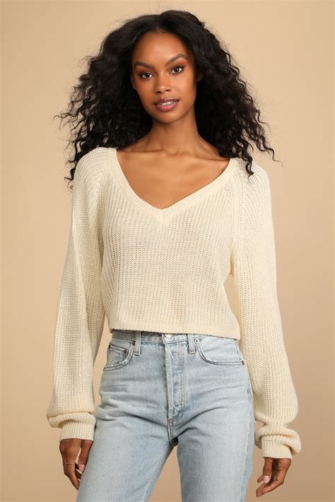 Cream Sweater Cropped Sweater V Neck Sweater Top Lulus