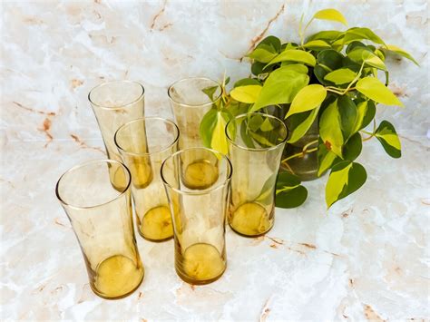 Vintage Yellow Curved Drinking Glasses Set Of 6 Yellow Etsy
