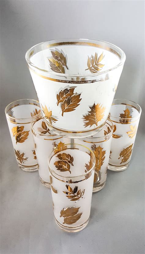 8 Vintage Libbey Glasses ~ Gold Leaf Foil Frosted Leaf Motif ~ Retro Cocktail Glassware Barware