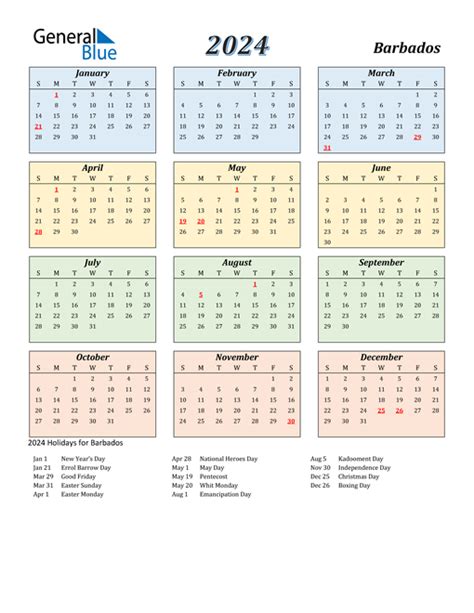 2024 Barbados Calendar With Holidays