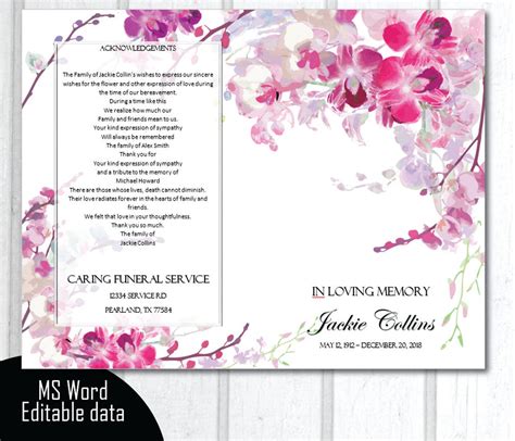 Pink Orchid Funeral Program Template Bi Fold Template Funeral