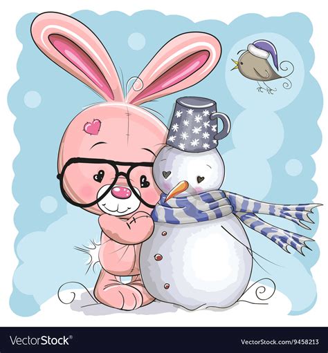 Cute Bunny And Snowman Royalty Free Vector Image