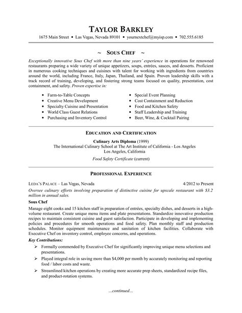Sous Chef Resume Sample