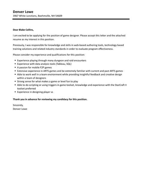 Game Designer Cover Letter Velvet Jobs