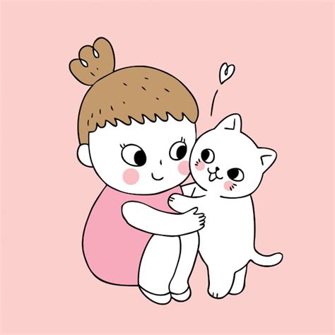 Premium Vector Cartoon Cute Girl And Cat Vector