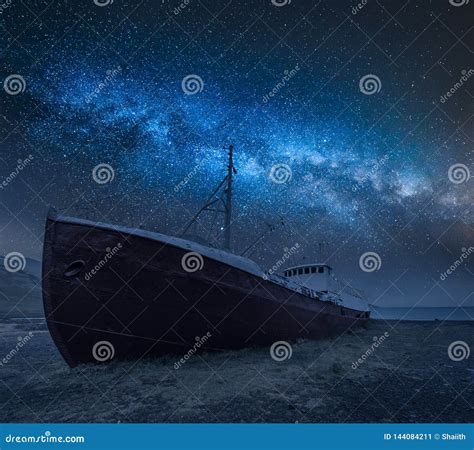 Shipwreck On The Shore And Milky Way In Iceland Stock Image Image Of