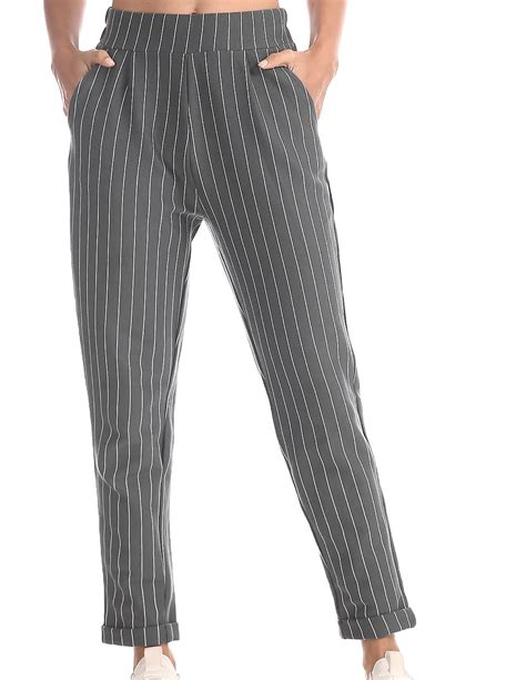 Buy Women Grey Elasticized Waist Striped Pants Online At
