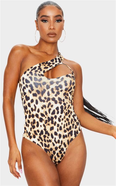 tan leopard print one shoulder cut out bodysuit prettylittlething