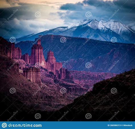 Fisher Towers With La Sal Mountains In Utah United States Stock Image