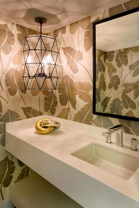 Transitional Powder Room With Palm Leaf Wallpaper Hgtv