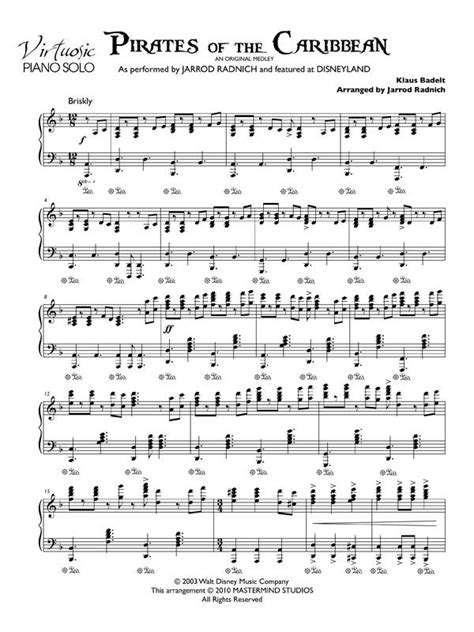 In 2003, the score for pirates of the caribbean got put together a bit like a patchwork quilt. Pirates of the Caribbean - Virtuosic Piano Solo Sheet Music (at Musicnotes.com - scroll down for ...