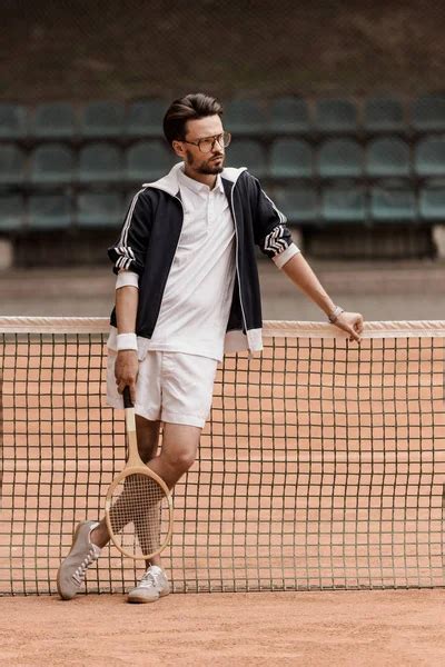 Handsome Retro Styled Tennis Player Standing Tennis Ball Racket Court