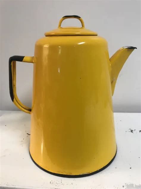Yellow W Black Trim Coffee Pot With Lid Vintage Mcm Primitive Farmhouse