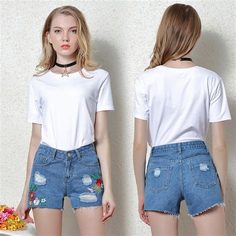 New Hole Ripped Retro Denim Shorts Women Floral Embroidery Jeans For