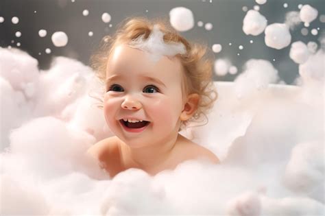 Premium Photo Happy Baby Boy Playing With Soap Bubbles In Bathtub