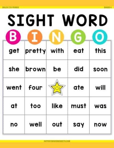 Sight Word Bingo Superstar Worksheets