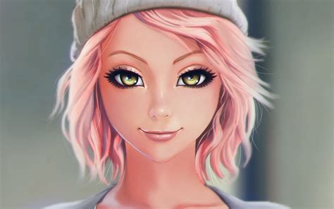 Beautiful Pink Haired Fantasy Girl Smile Hat Wallpaper