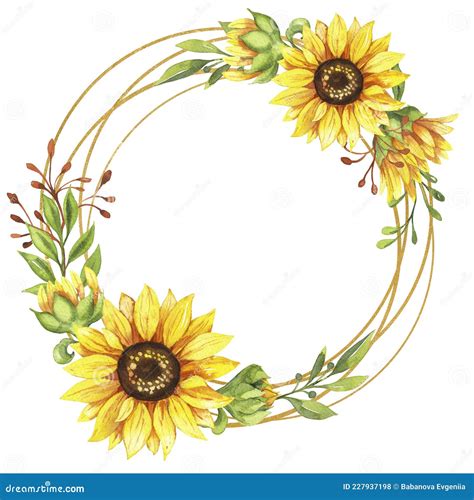 Sunflower Wreath Golden Round Frame Of Yellow Flowers Hand Painted