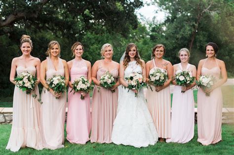 Bridesmaids In Mix And Match Dresses In Shades Of Champagne And Blush Blush Bridesmaid