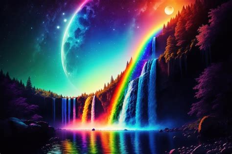 Premium Ai Image Rainbow Over A Waterfall Wallpapers And Images