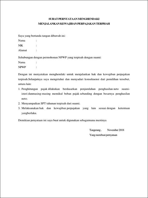 Contoh Surat Pernyataan Memilih Kewajiban Perpajakan Terpisah Dari
