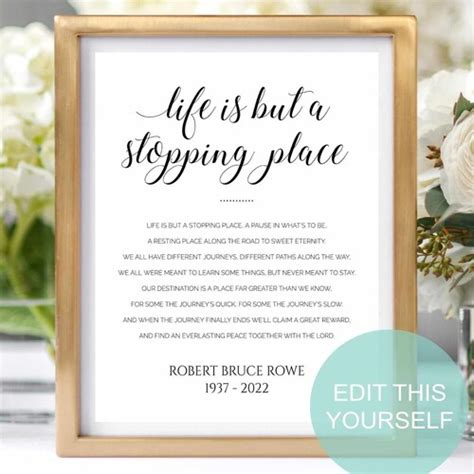 Life Is But A Stopping Place Printable Memorial Service Sign Etsy Uk