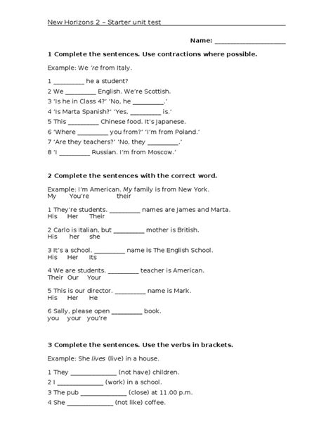 Starter Unit Test English Language Sentence Linguistics