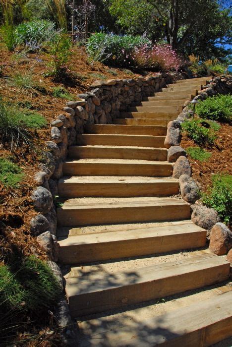 In any one stairway or staircase. timber steps... | Landscape stairs, Sloped garden, Landscape steps