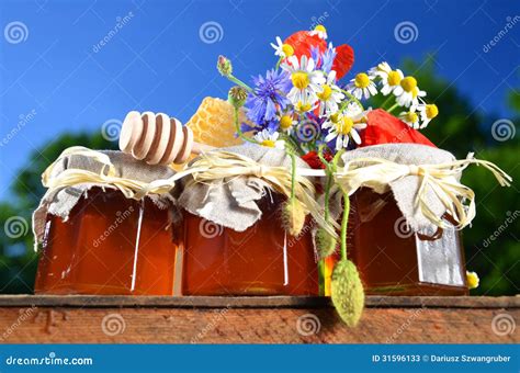 Drei Gläser Voll Köstlicher Frischer Honig Stück Des Bienenwabenhonigschöpflöffels Und Wilde