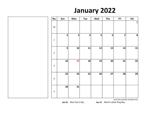Printable January 2022 Calendar Box And Lines For Notes Free