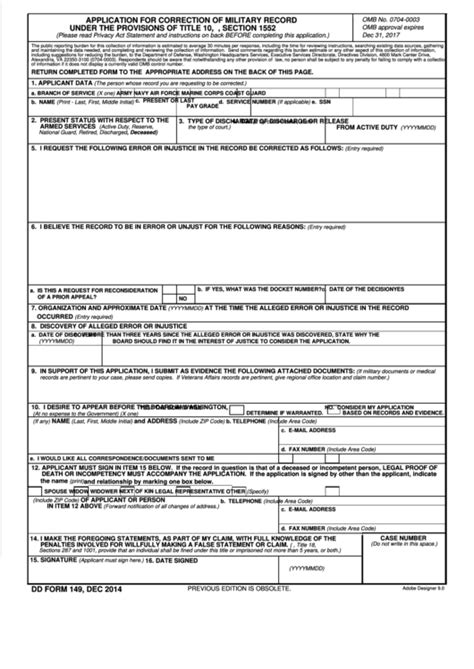 Fillable Dd Form 149 Application For Correction Of Military Record